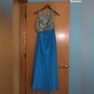 Blue Two Piece Rhinestone Prom Dress With Open Back
